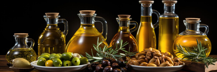 Variety of high quality olive oils in glass bottles in a row on the table in the kitchen, banner