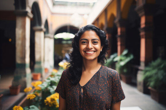 Portrait of a happy smiling Hispanic woman outdoors at the courtyard terrace of a old building in Mexico City 