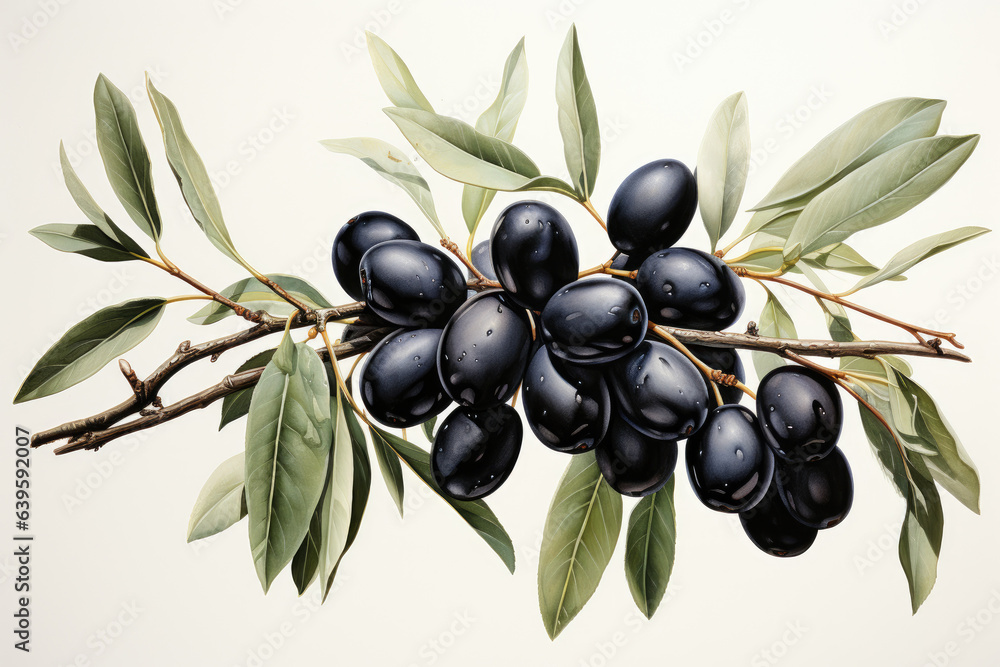 Poster Black green olives on a branch with green leaves, watercolor drawing on a white background