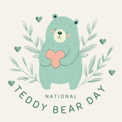 Mint Beige Cute Playful Bear Love Quote National Teddy Bear Day vector illustration cartoon sweet pink heart background
