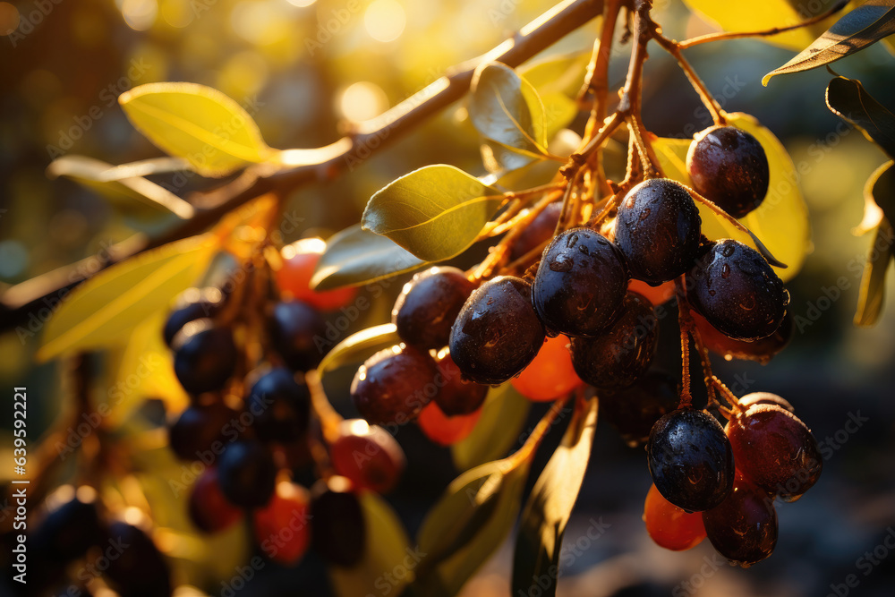 Aufkleber fresh black olives fruits with green leaves and rain drops on the tree branch in sunlight bokeh back