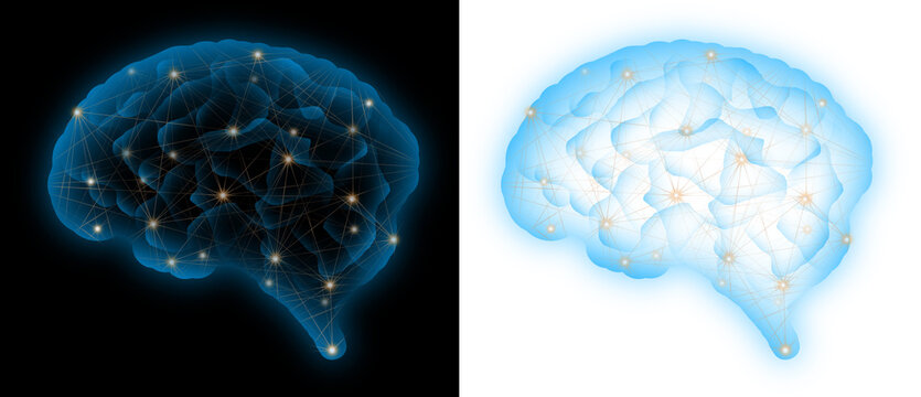 artificial intelligence concept, blue brain with network line light dot futuristic transparent background