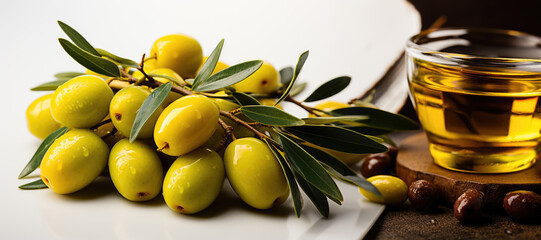 Green olives fruits with green leaves and glass bowl with olive oil, banner