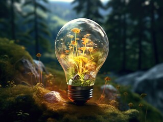 A light bulb depicting a natural landscape. Energy saving concept.