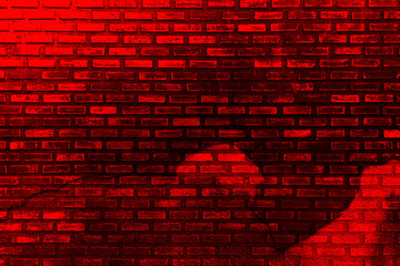 Red purple brown old brick wall. Toned colorful grunge background. Space. Design. Cracked, broken, crumbled. Color gradient. Rough backdrop.