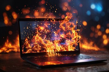 Laptop computer engulfed in flames and burning