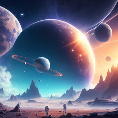 Futuristic-Space-Landscape,-Planets,-stars,-Galaxy,-Cosmos,-Robots,-Astronauts,-Sky,-Moon,-Sun,-Solar-System,-Space,