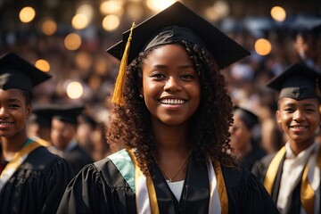 Young african american girl wearing graduation cap and ceremony. - obrazy, fototapety, plakaty