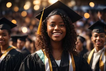 Fotobehang Young african american girl wearing graduation cap and ceremony. © Anna