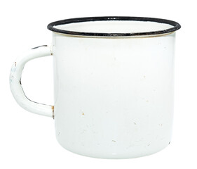 Old white enamel cup with scratches and scuffs on a white background. rusty mug