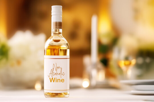 Bottle of non alcoholic white wine on table with holiday setting on blurred restaurant background. Non alcoholic holidays concept