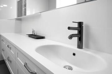 Modern minimalism style bathroom interior in black and white tones. Generative AI