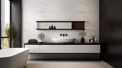 Modern minimalism style bathroom interior in black and white tones. Generative AI