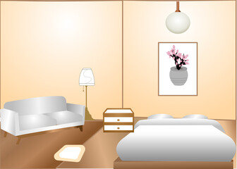 Illustration of Jamming bed room decoration in muji style minimal  interior design 