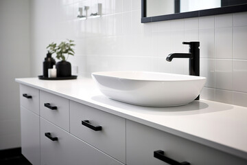 Fototapeta premium Modern minimalism style bathroom interior in black and white tones. Generative AI