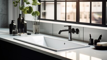 Modern minimalism style bathroom interior in black and white tones. Generative AI