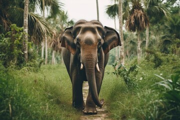 Asian elephant walks along path through jungle