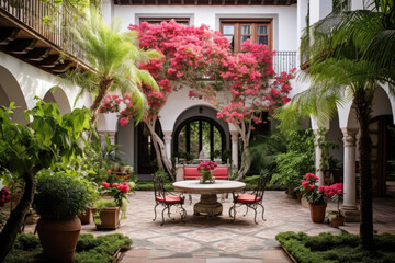 Outdoor courtyard in the central area of the Spanish style house - obrazy, fototapety, plakaty