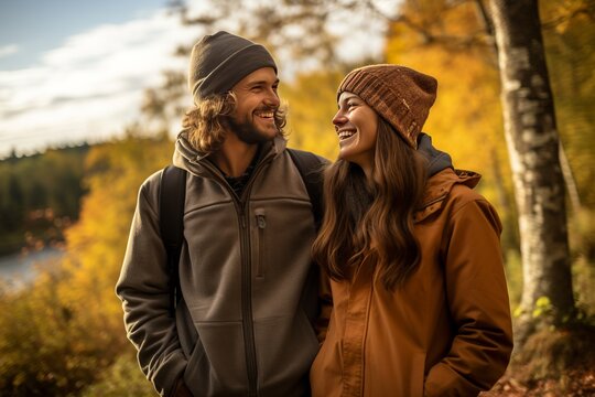 a beautiful young caucasian couple posing for a photo on a forest walk on a vacation in autumn