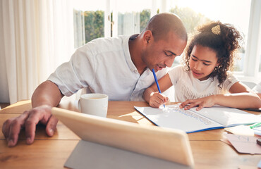 Help, father and girl with homework, tablet and conversation with elearning, knowledge and education. Family, parent and dad with kid, writing or child development with notebook, technology and study
