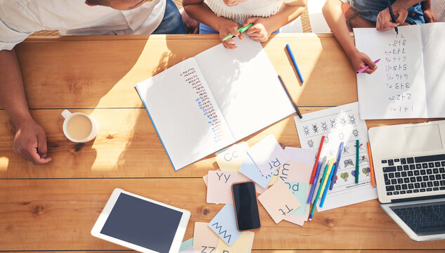 Family Hands, Children And Writing, E Learning Or Home Education Support, Helping And Math In School Books By Table Above. People Teaching Kids, Online Development And Numbers With Laptop Technology