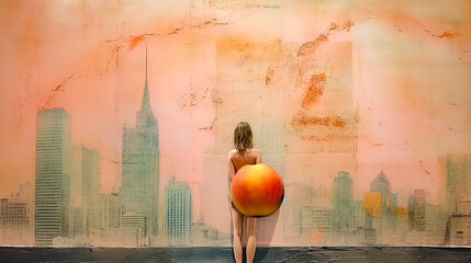 A woman and an apple on the background of a mural depicting a city. Grunge style poster.