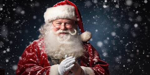 Merry Christmas and happy new year concept, Happy Santa Claus outdoors in snowfall night in eyeglasses looking at camera, generative ai