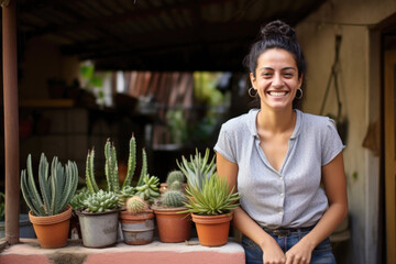 Obraz premium Happy smiling Hispanic woman in the backyard of her house in Mexico