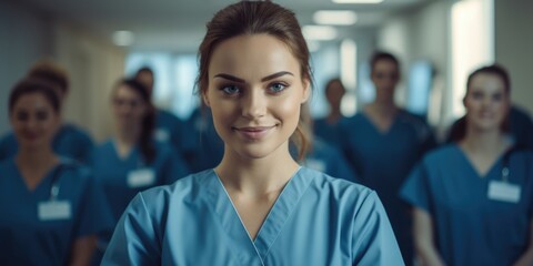 Fototapeta premium Young female medical student working at the hospital and medical staff, Happy woman doctor or nurse at hospital corridor, People and medicine concept, Healthcare, generative ai