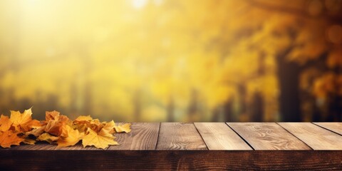Naklejka na ściany i meble Wooden table in front of a colorful autumn landscape at sunset in forest, Beautiful autumn natural background concept with falling leaves and advertising space, generative ai