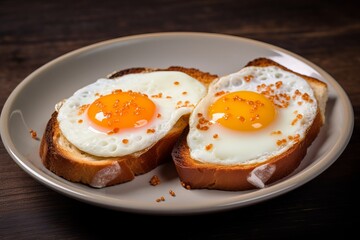 a traditional breakfast or brunch dish - roasted eggs with greens on a sourdough bread toast, egg yolk melting and dripping - obrazy, fototapety, plakaty