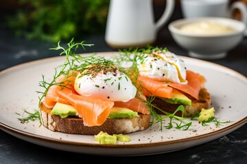 a modern trendy breakfast or brunch dish - poached eggs with sprouts and greens on a sourdough bread toast with avocado and smoked salmon, egg yolk melting and dripping - obrazy, fototapety, plakaty