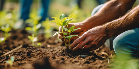 Hands holding sprout, man planting tree, organic farm, forestation, earth day and take care of the environment concept background.