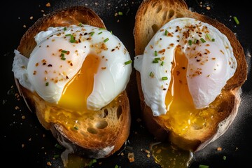 a macro photo of two bread toasts with poached eggs with seasoning and herbs, egg yolk melting and dripping - obrazy, fototapety, plakaty