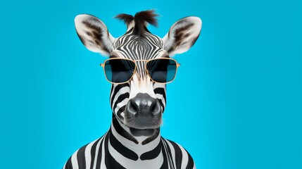 A studio portrait of a funky zebra wearing aviator sunglasses on a seamless blue background, copy space for text.