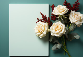 White roses on a green background. Flat lay, top view.