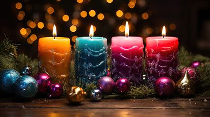 Obraz na płótnie Canvas Four burning advent candles on the table prepared for christmas night. Generative Ai
