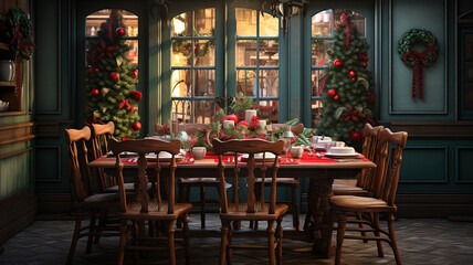 Fototapeta na wymiar Take a seat and be merry, Cropped shot of a dinning area set up for Christmas day. Generative Ai