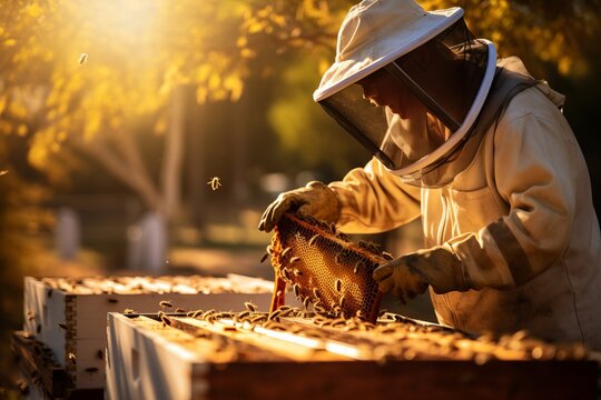 a professional beekeeper wearing a protective clothing and veil taking care of his bee hive in the rural setting, harvesting honey