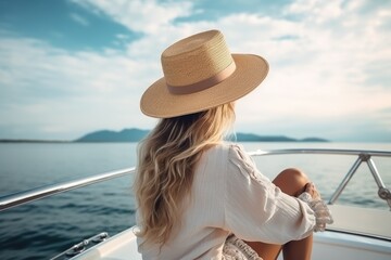blonde woman with hat sits on a yacht and enjoys the summer holiday over the tropical ocean, AI Generated