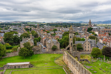 Fototapeta na wymiar Aerial view of the medieval town of St Andrews with its ruined cathedral and castle, Scotland.