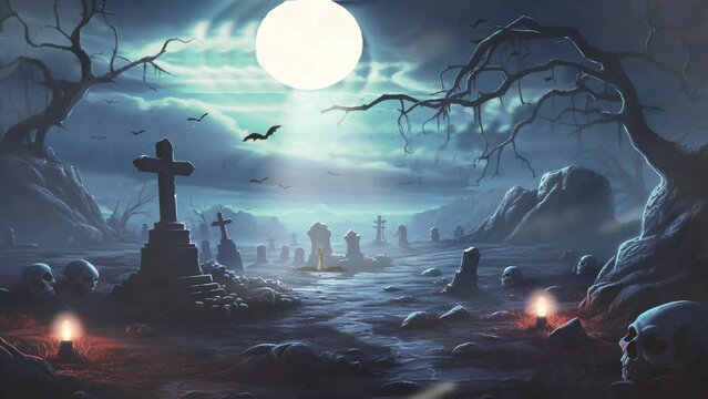 halloween skull night scary graveyard animation looping video animated background