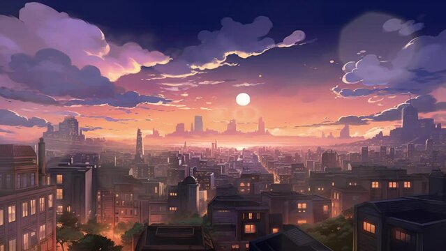 Beautiful fantasy city buildings at evening time background animation in anime or cartoon watercolor painting illustration style