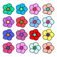 Set of five petals of brightly colored flowers