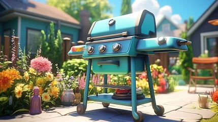 Time for barbeque, full length of happy family barbecuing meat on grill outdoors. Generative Ai