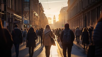 Shadows of Urban Life: An Anonymous Tapestry of City Dwellers in the Golden Glow of Sunset
