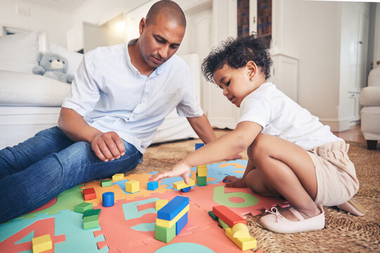 Building blocks, play or father with baby on the floor for learning, education or child development. Family home, relax or dad enjoying bonding in living room with girl, kid or toys for fun games
