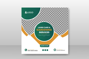Organic food farming or lawn care and garden service social media post design template for multipurpose use with green gradient and yellow color or modern shape on white background