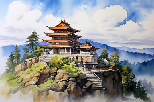 Temple atop a hill captured in a tranquil watercolor scene, surrounded by hazy clouds and bathed in gentle sunlight