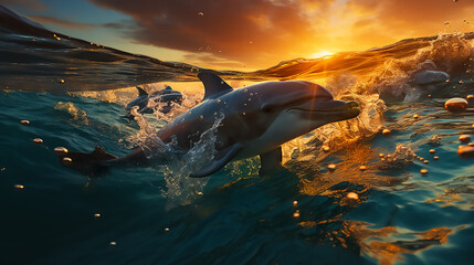 An image of a group of dolphins jumping out of the water at sunset,